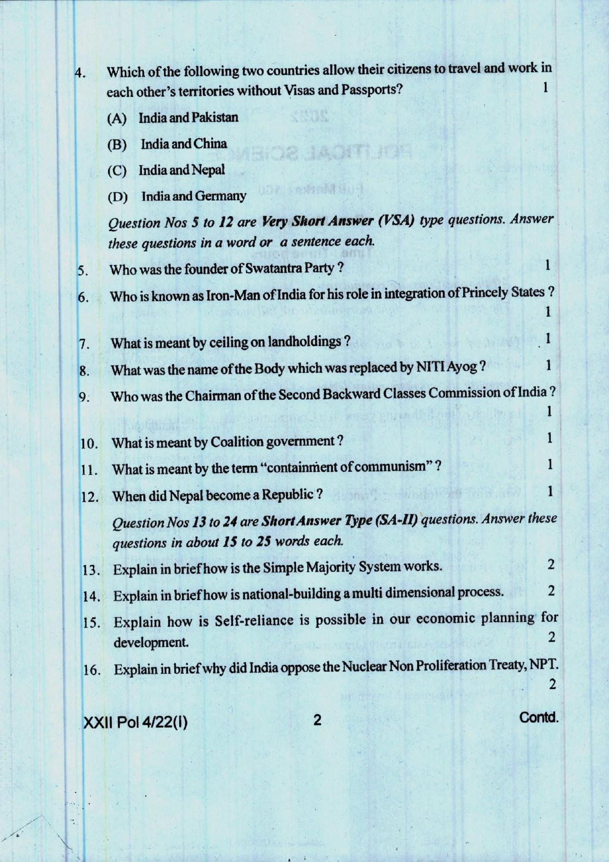 COHSEM 12th Question Papers Improvement 2022 Political Science - Page 2