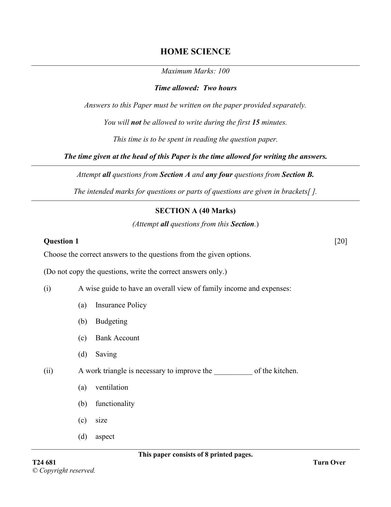 ICSE Class 10 Home Science 2024 Question Paper - Page 1