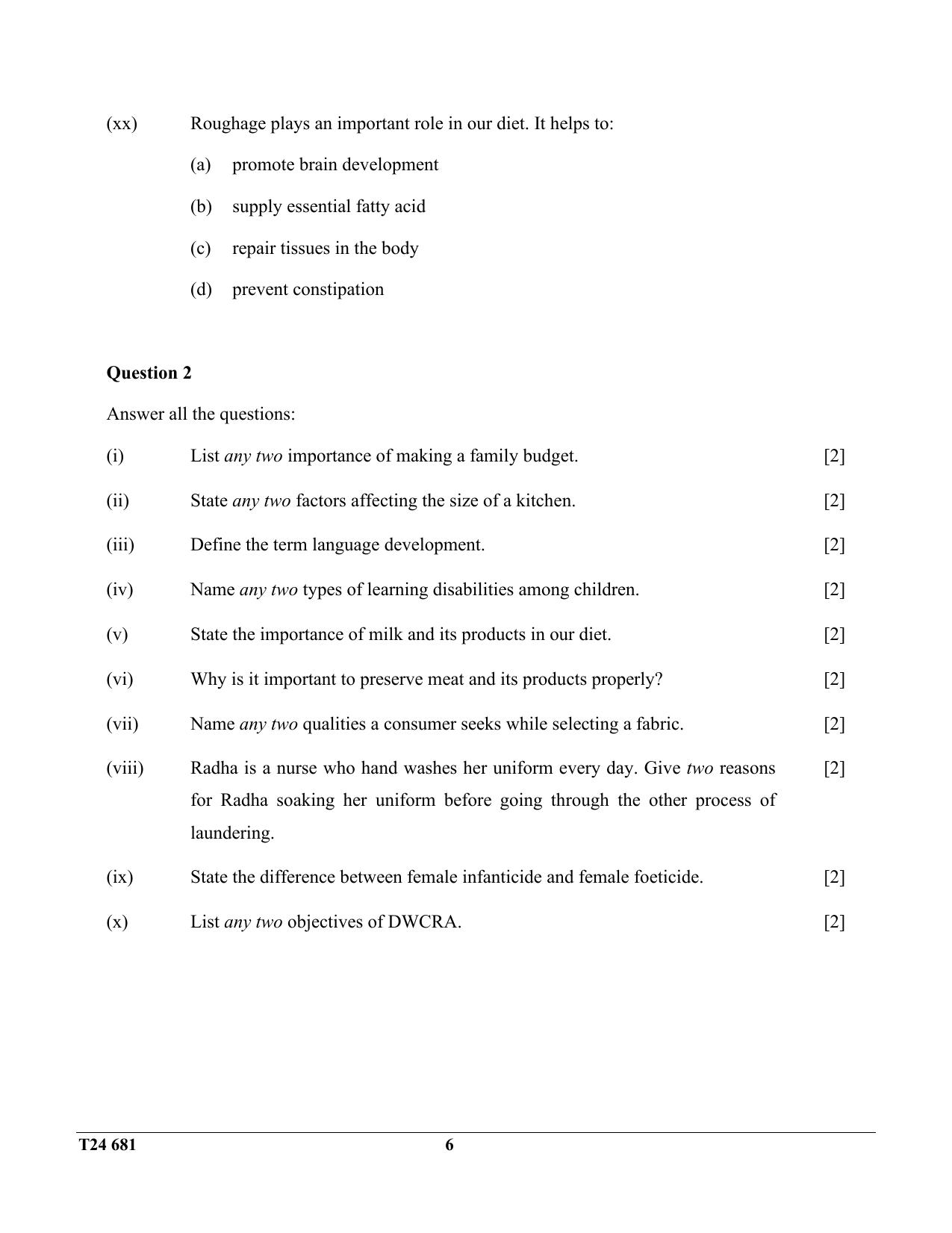 ICSE Class 10 Home Science 2024 Question Paper - Page 6