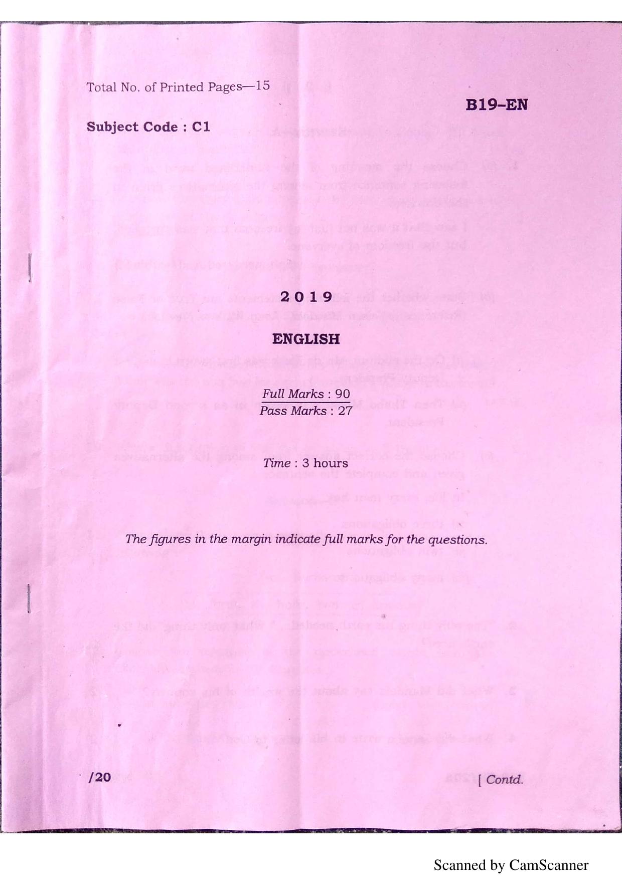 SEBA HSLC English Question Paper 2019 - Page 1