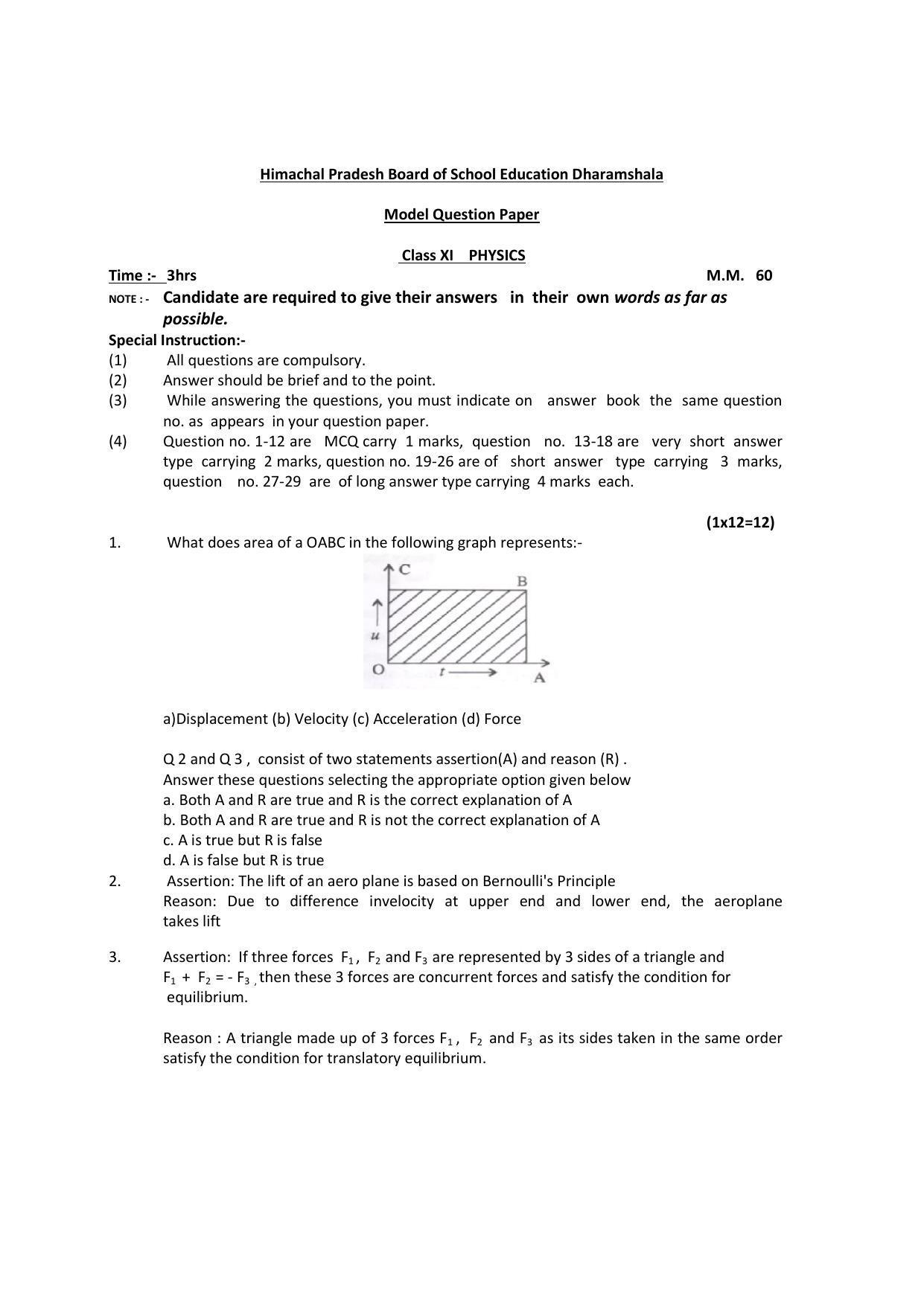 HP Board Class 11 Physics Model Paper - Page 1