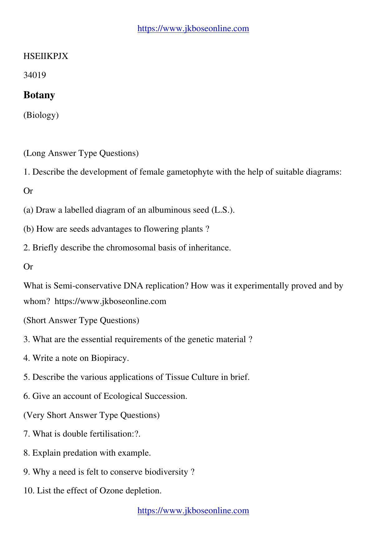 JKBOSE Class 12 Biology-Botany Question Papers 2010 (34019) - Page 1
