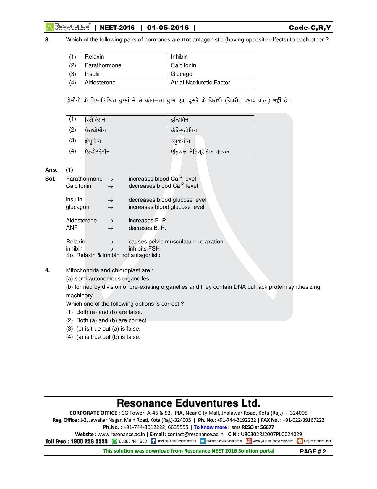 NEET Code C/ R/ Y 2016 Answer & Solutions - Page 4