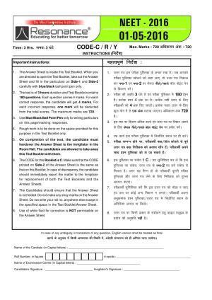 NEET Code C/ R/ Y 2016 Answer & Solutions