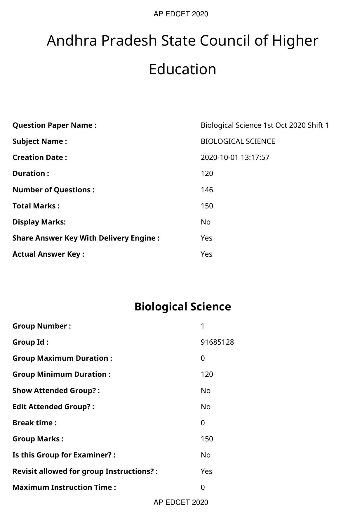AP EDCET 2020 Biological Science Question Paper - Page 1