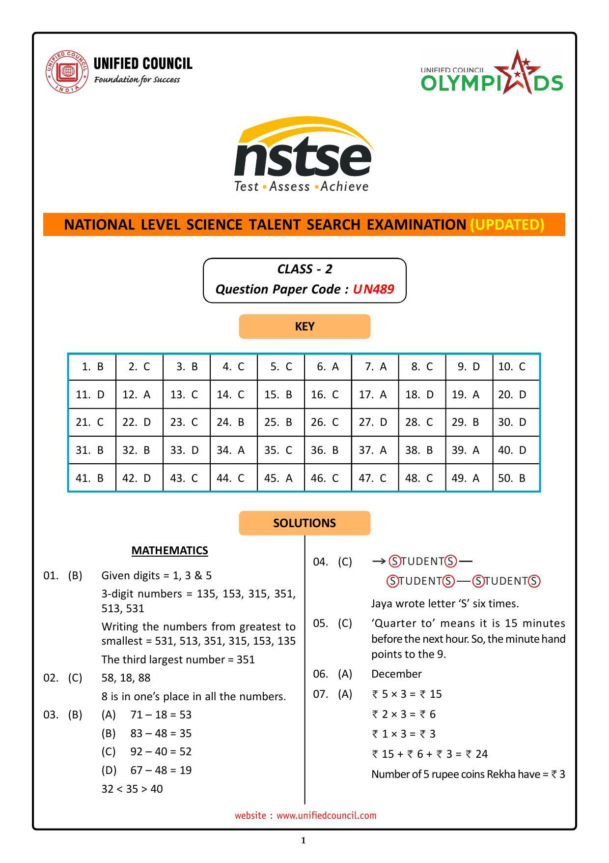 NSTSE 2023 Class 2 Answer Key (Paper Code 489) - Page 1