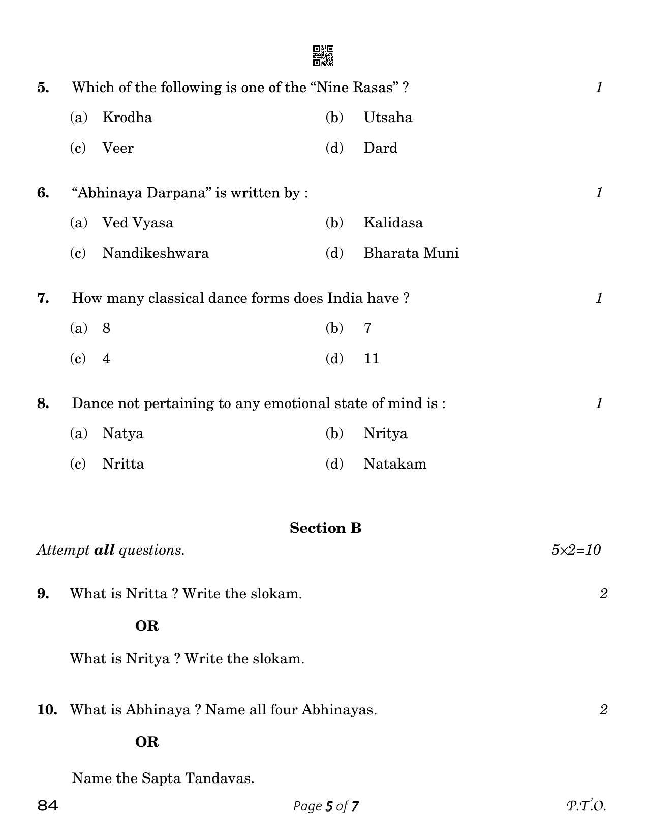 CBSE Class 12 Bharatnatayam Dance (Compartment) 2023 Question Paper - Page 5