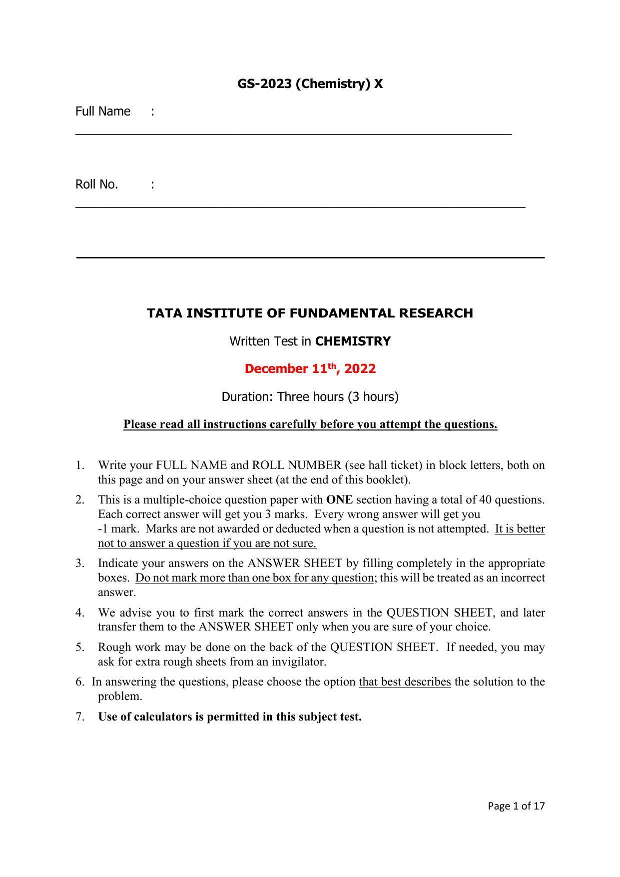 TIFR GS 2023 Chemistry Question Paper - Page 1