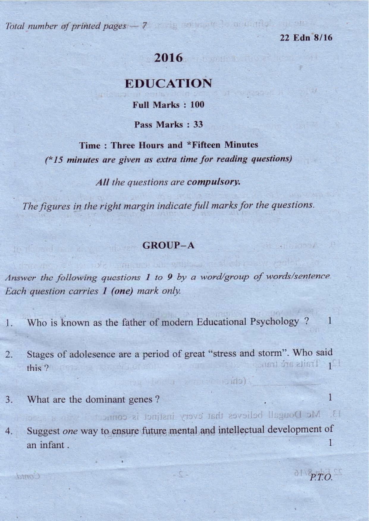 COHSEM Class 12 Education 2016 Question Papers - Page 1