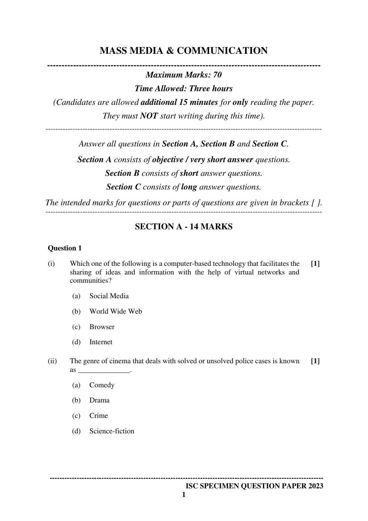 ISC Class 12 Mass Media and Communication Sample Paper 2023 - Page 1