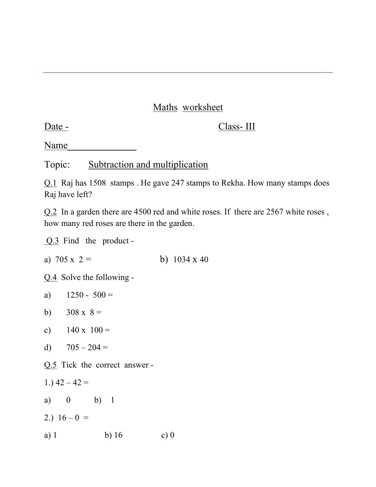 Worksheet for Class 3 Mathematics Assignment 90 - Page 1