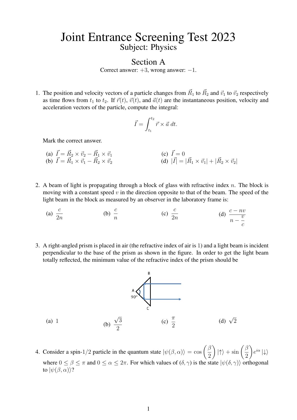 JEST 2023 Physics Question Paper with  Answer key - Page 1