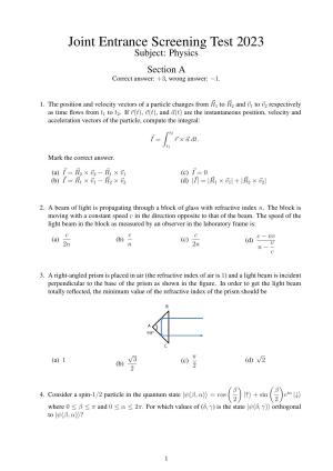 JEST 2023 Physics Question Paper with  Answer key