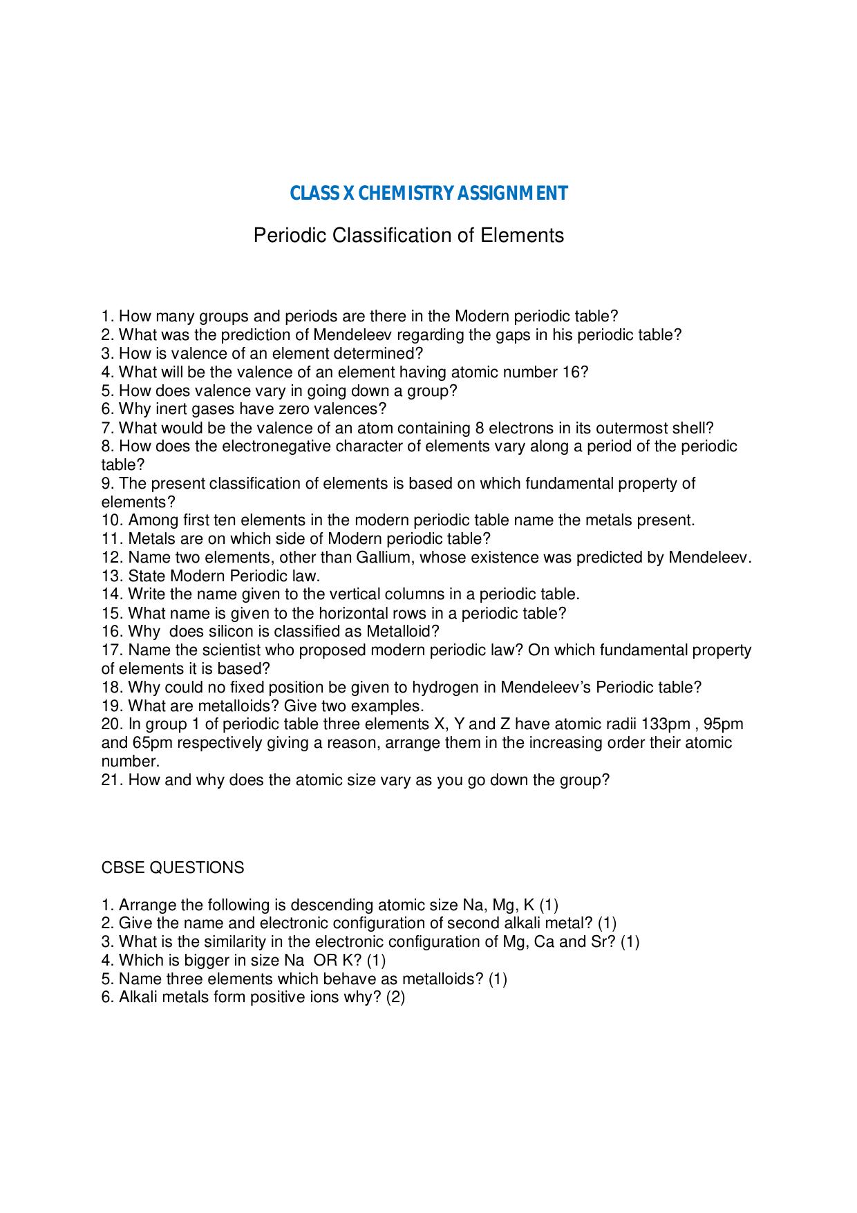 CBSE Worksheets for Class 10 Chemistry Periodic Classification of element Assignment 2 - Page 1