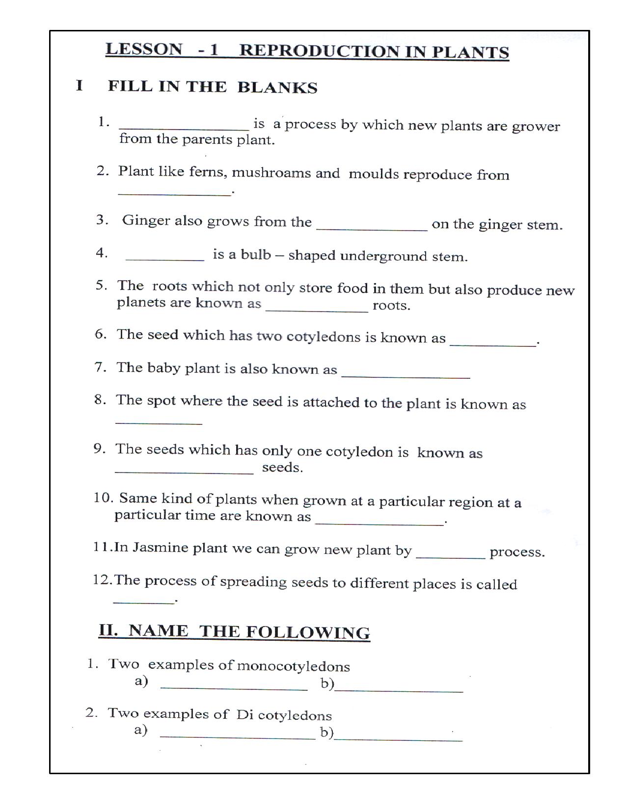 Worksheet for Class 5 Science Reproduction in Plants Assignment 1 - Page 1