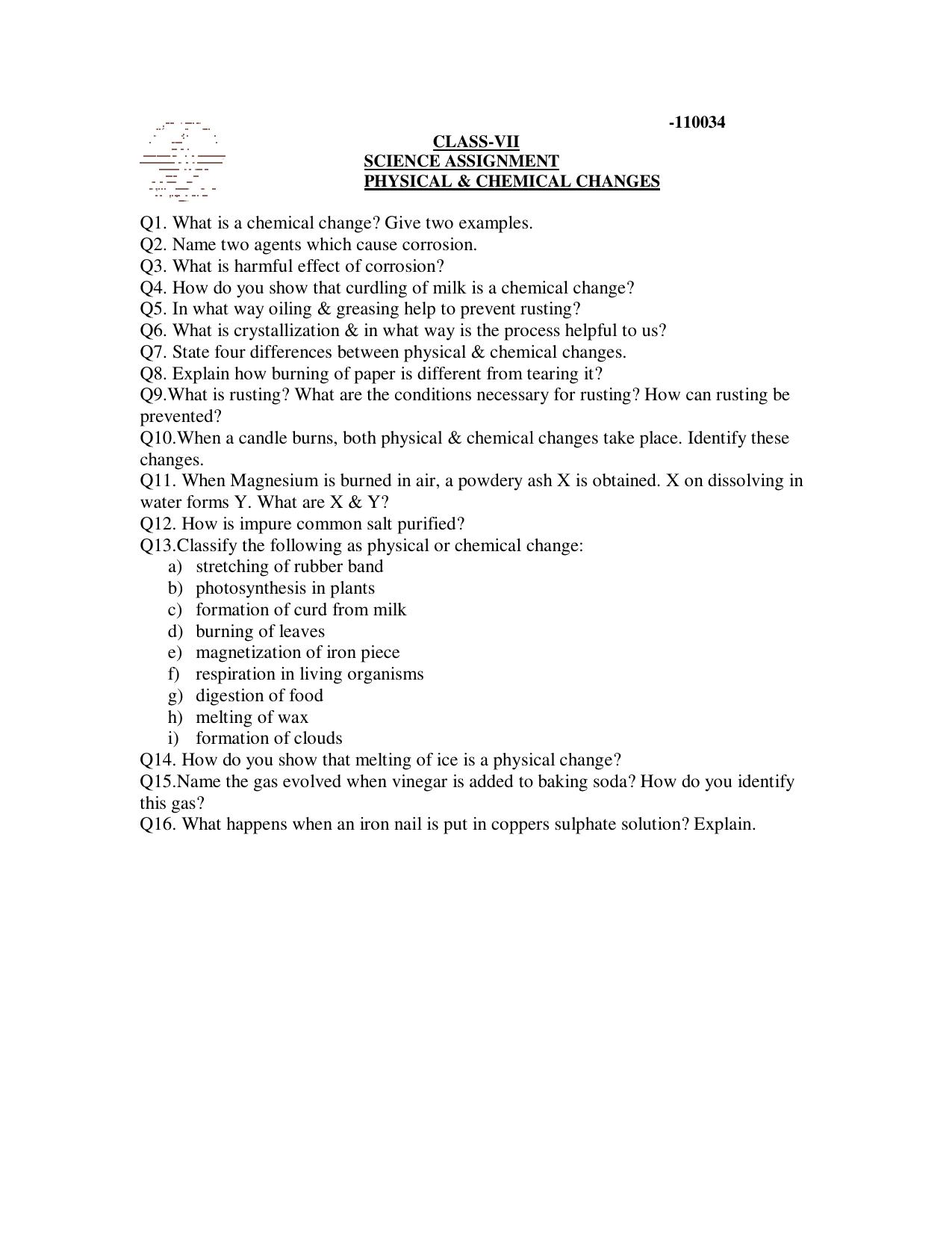 CBSE Worksheets for Class 7 Science Physical & Chemical Changes Assignment - Page 1