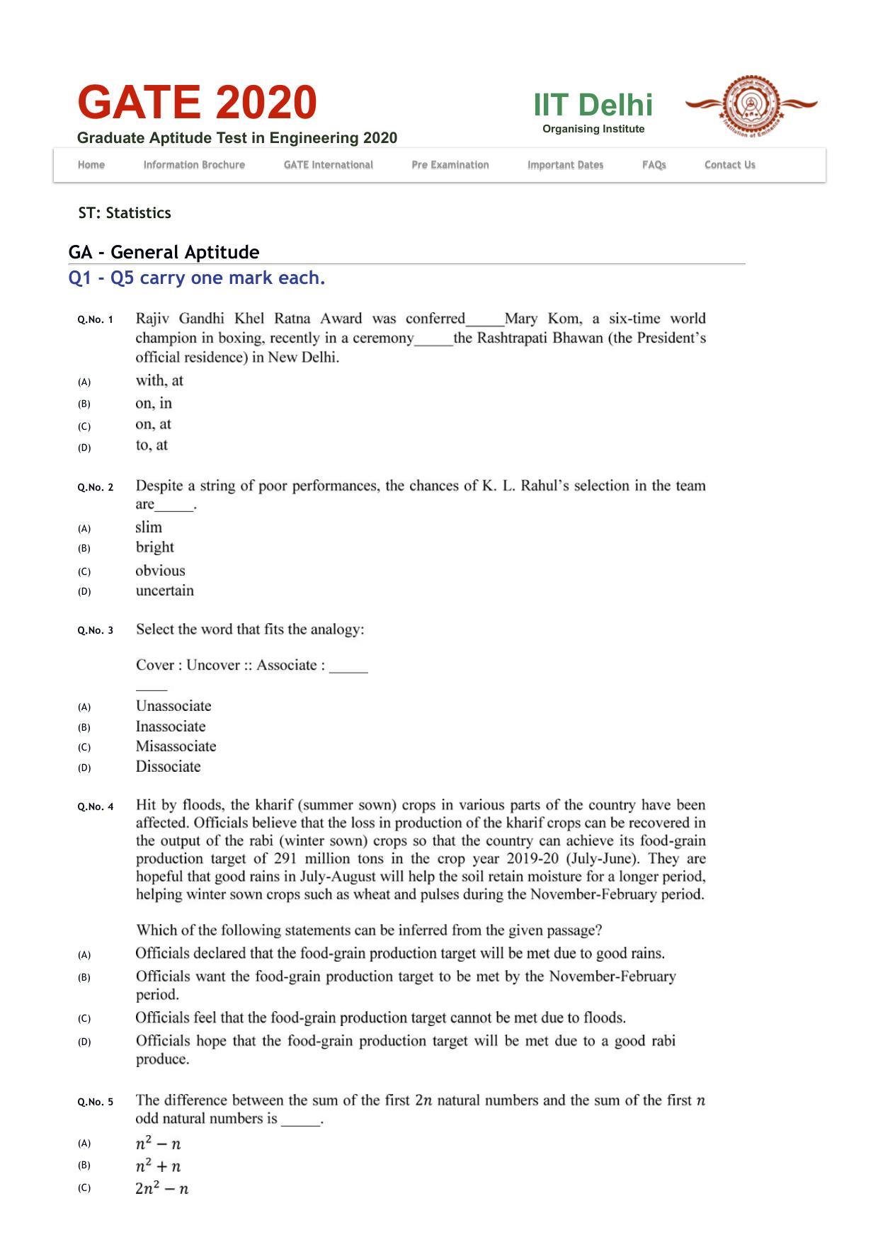 GATE 2020 Statistics (ST) Question Paper - Page 1
