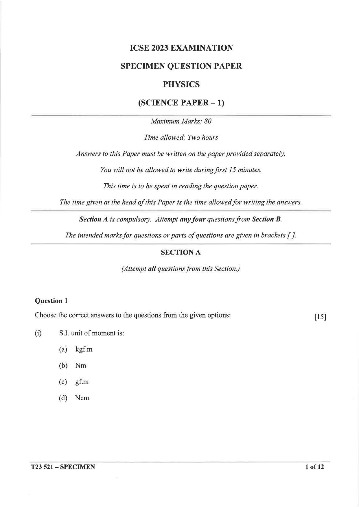 ICSE Class 10 Physics Sample Paper - Page 1