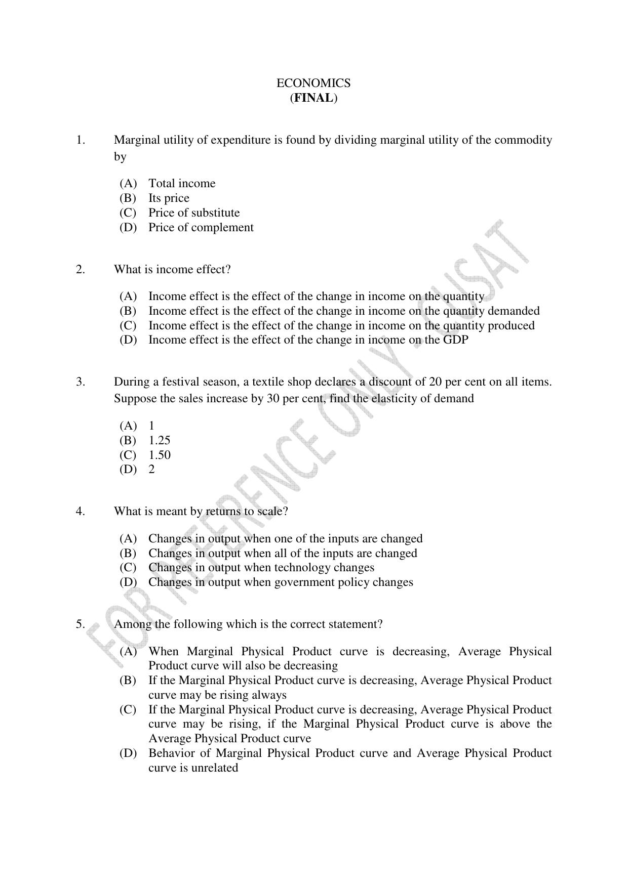 CUSAT CAT 2023 ECONOMICS Question Paper - Page 1