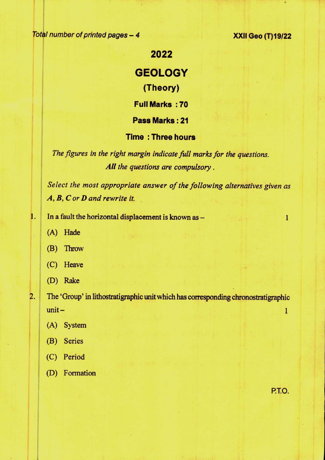 COHSEM 12th Question Papers 2022 Geology - Page 1