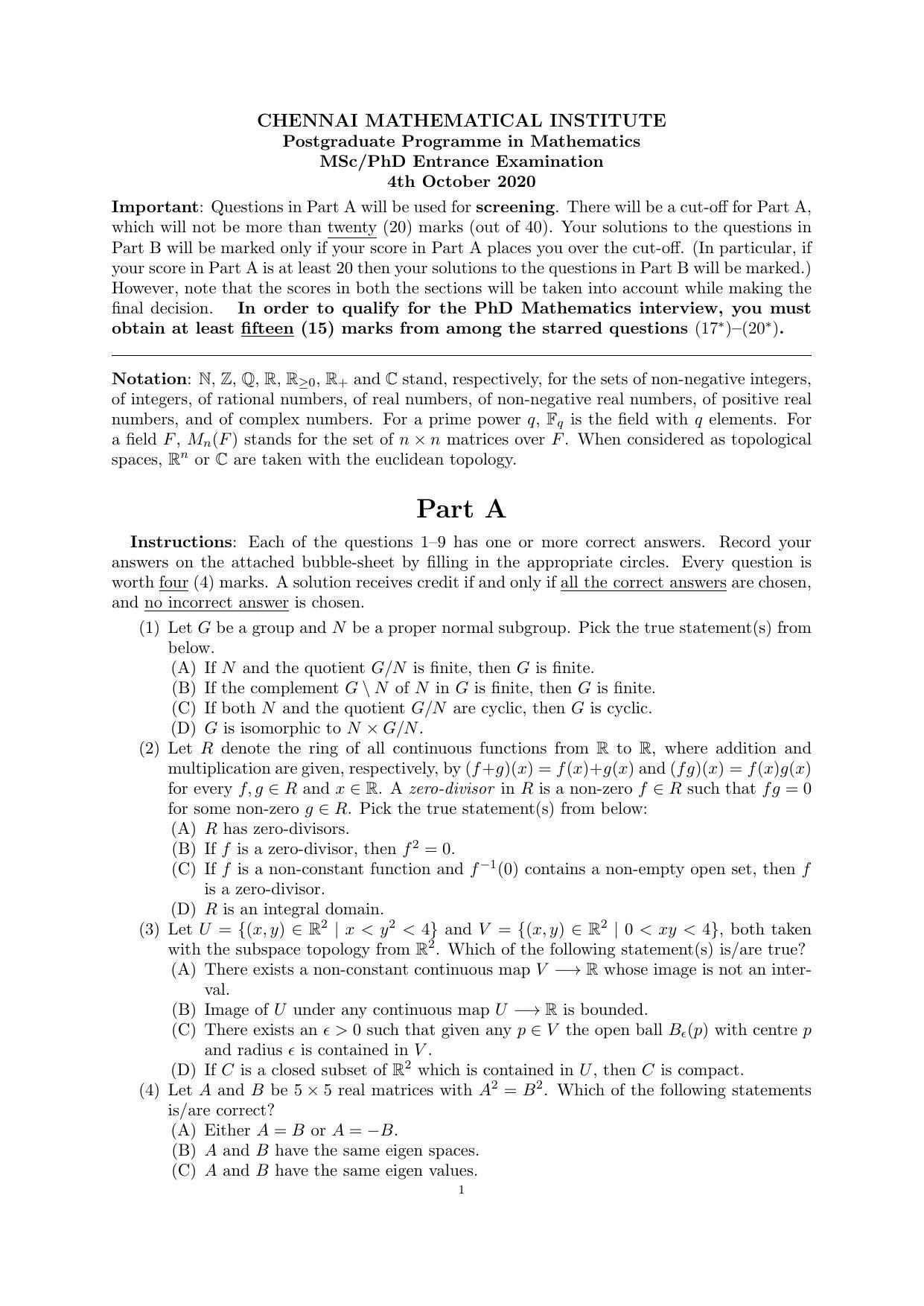 CMI Entrance Exam 2020 Question Paper MSc/PhD Mathematics - Page 1