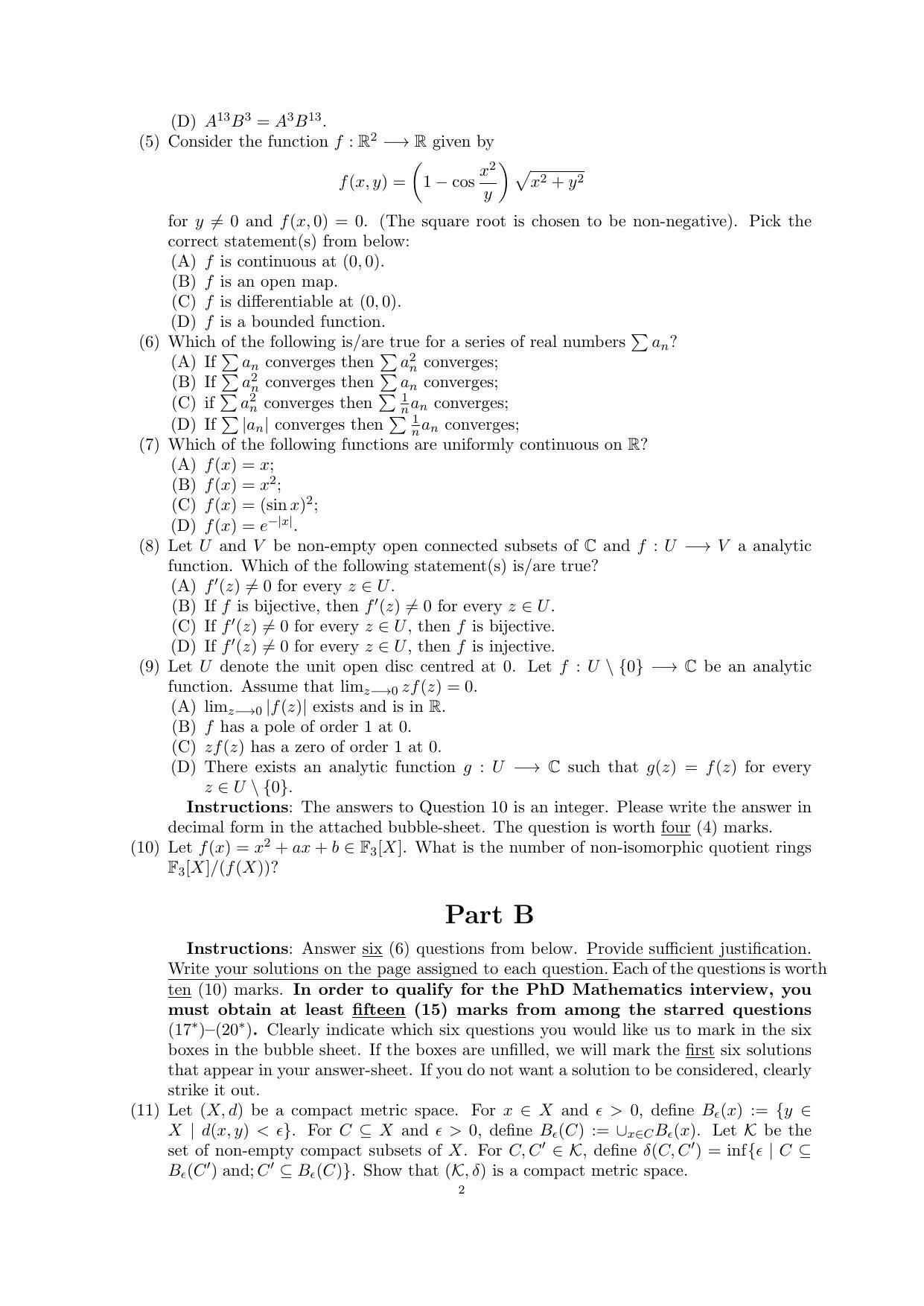 CMI Entrance Exam 2020 Question Paper MSc/PhD Mathematics - Page 2
