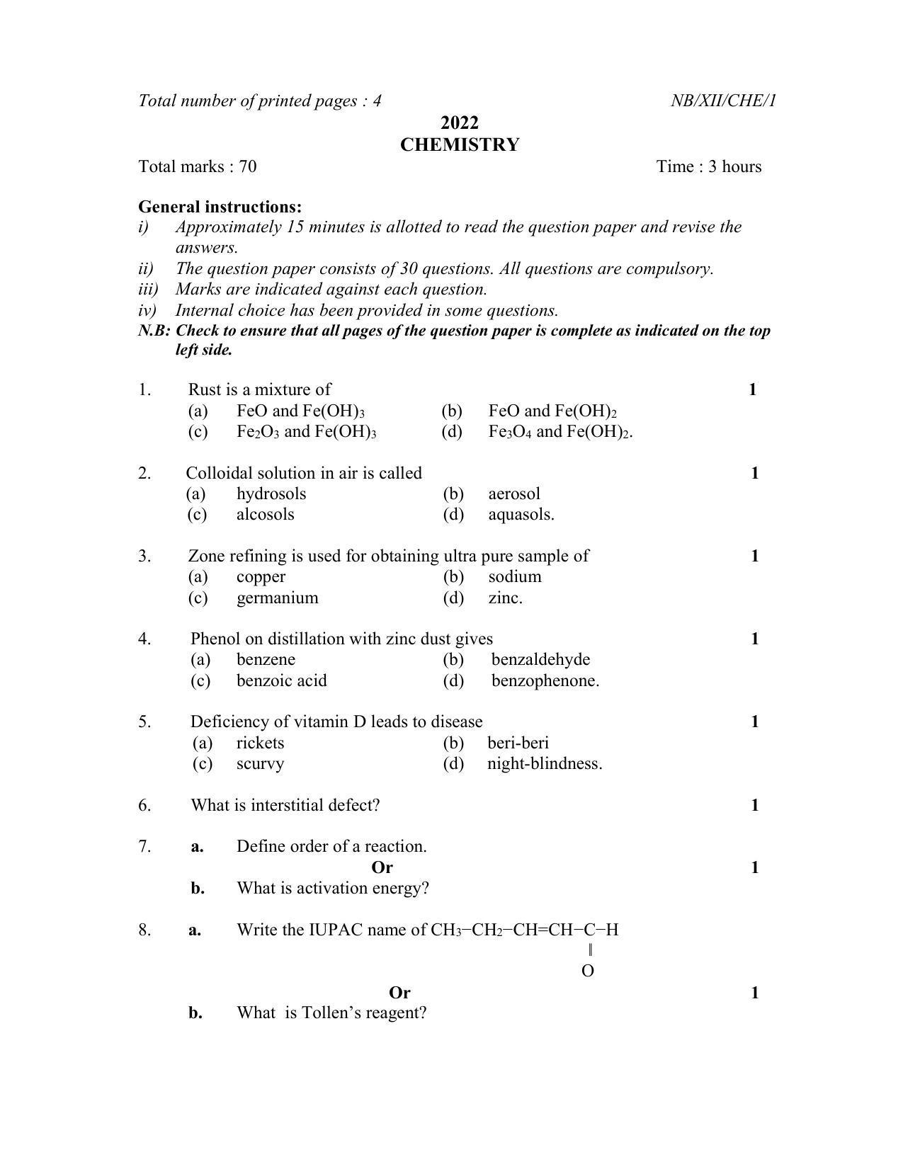 Nagaland Board Class 12 Chemistry 2022 Question Paper - Page 1
