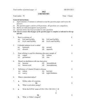 Nagaland Board Class 12 Chemistry 2022 Question Paper