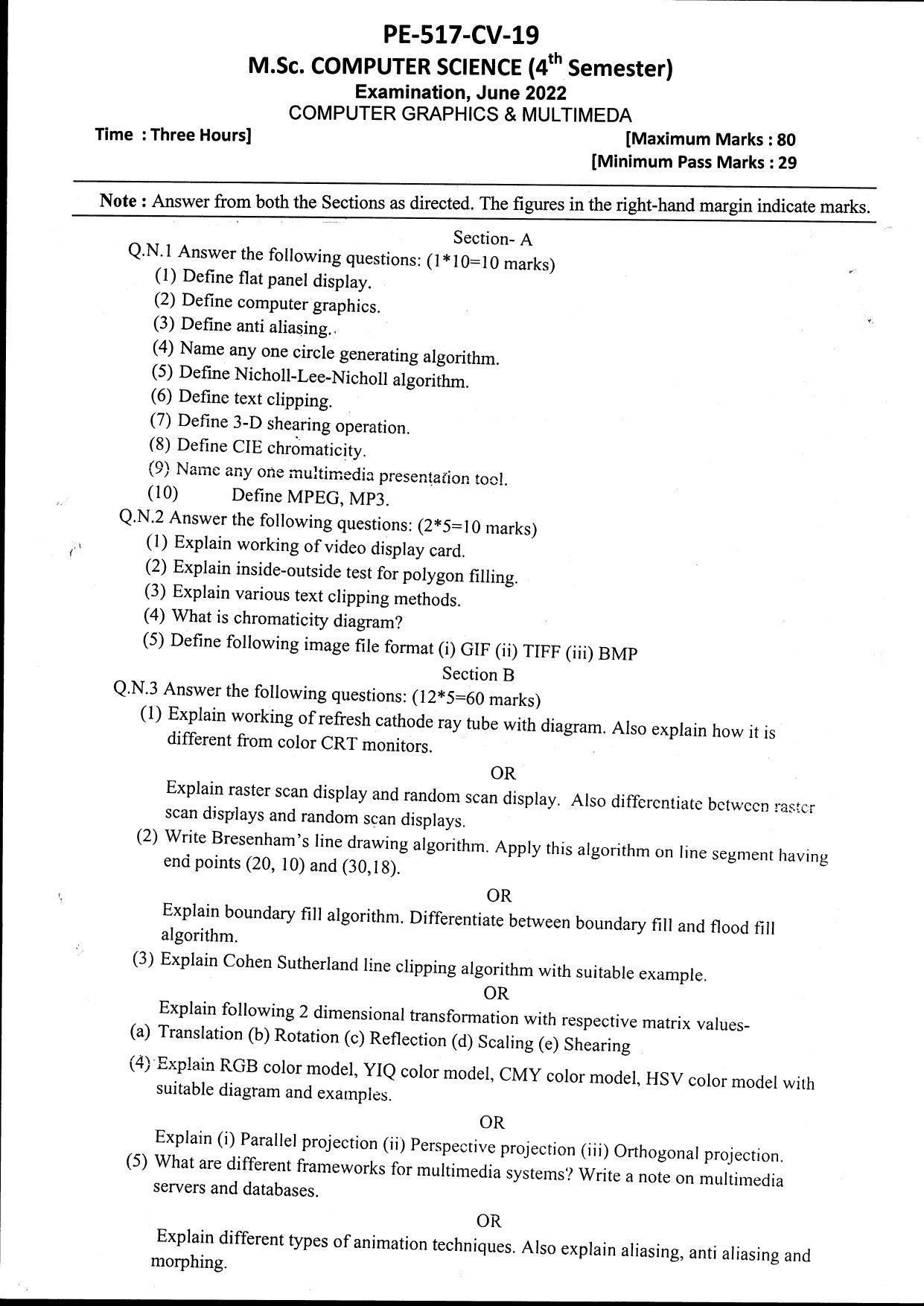 Bilaspur University Question Paper June 2022:M.Sc. Computer Science (Fourth Semester) Computer Graphics And Multimedia Paper 1 - Page 1
