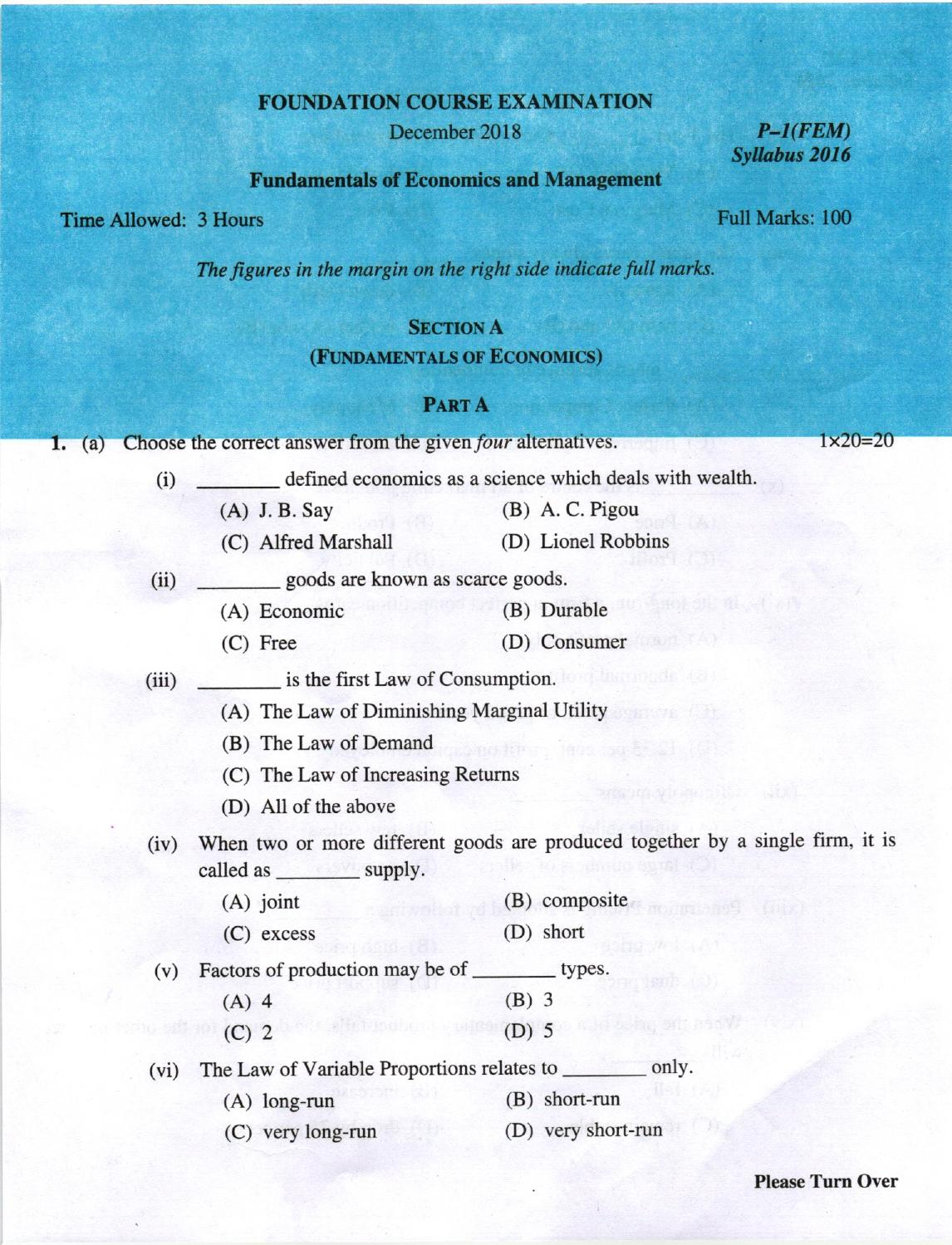 ICMAI Dec. 2018 Fundamentals of Economics and Management Question Paper - Page 1