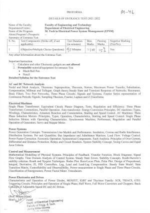 JMI Entrance Exam M46-M.Tech (Electrical Power System & Management) Syllabus