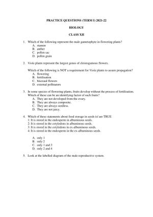 CBSE Class 12 Biology Term 1 Practice Questions 2021-22