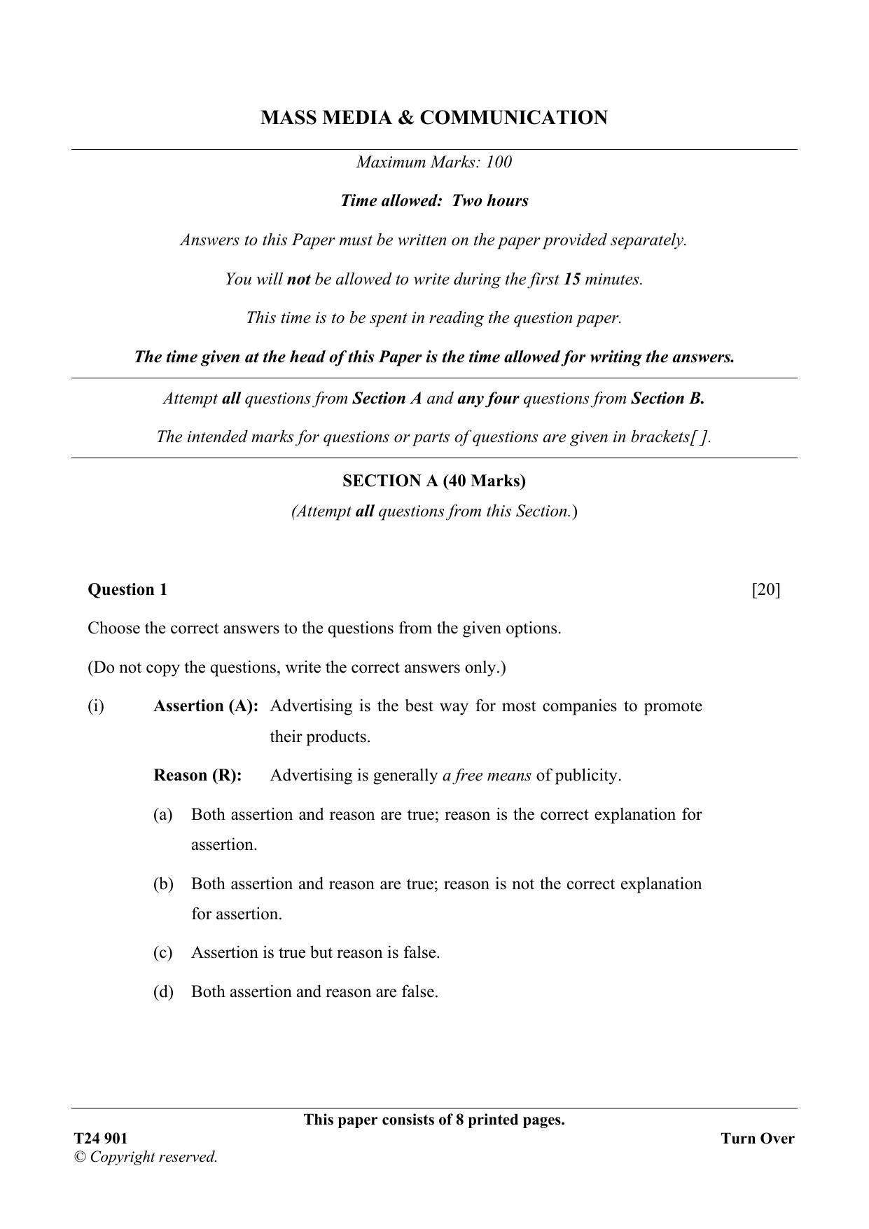 ICSE Class 10 Mass Media & Communication 2024 Question Paper - Page 1