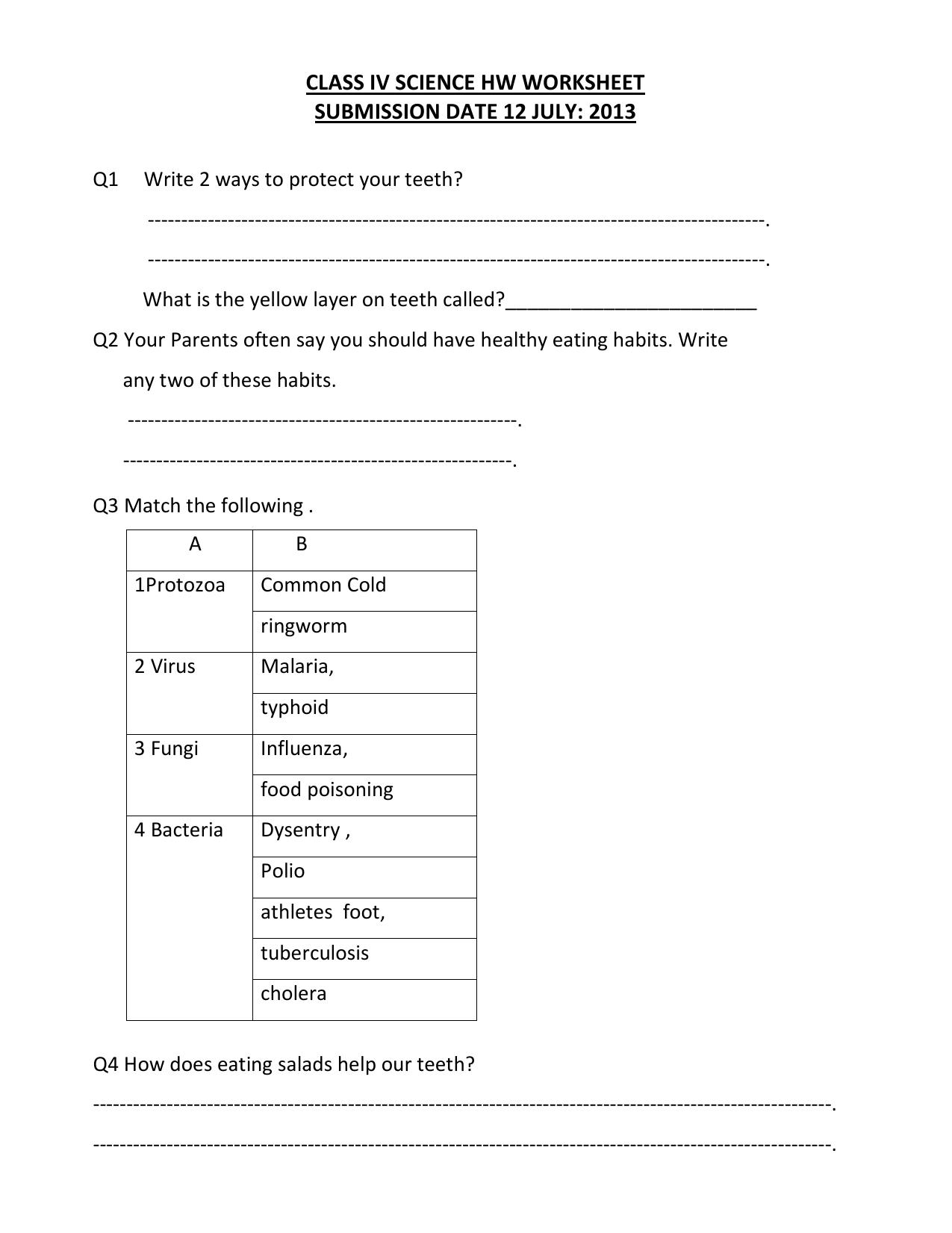 Worksheet for Class 4 Science Teeth Assignment 1 - Page 1