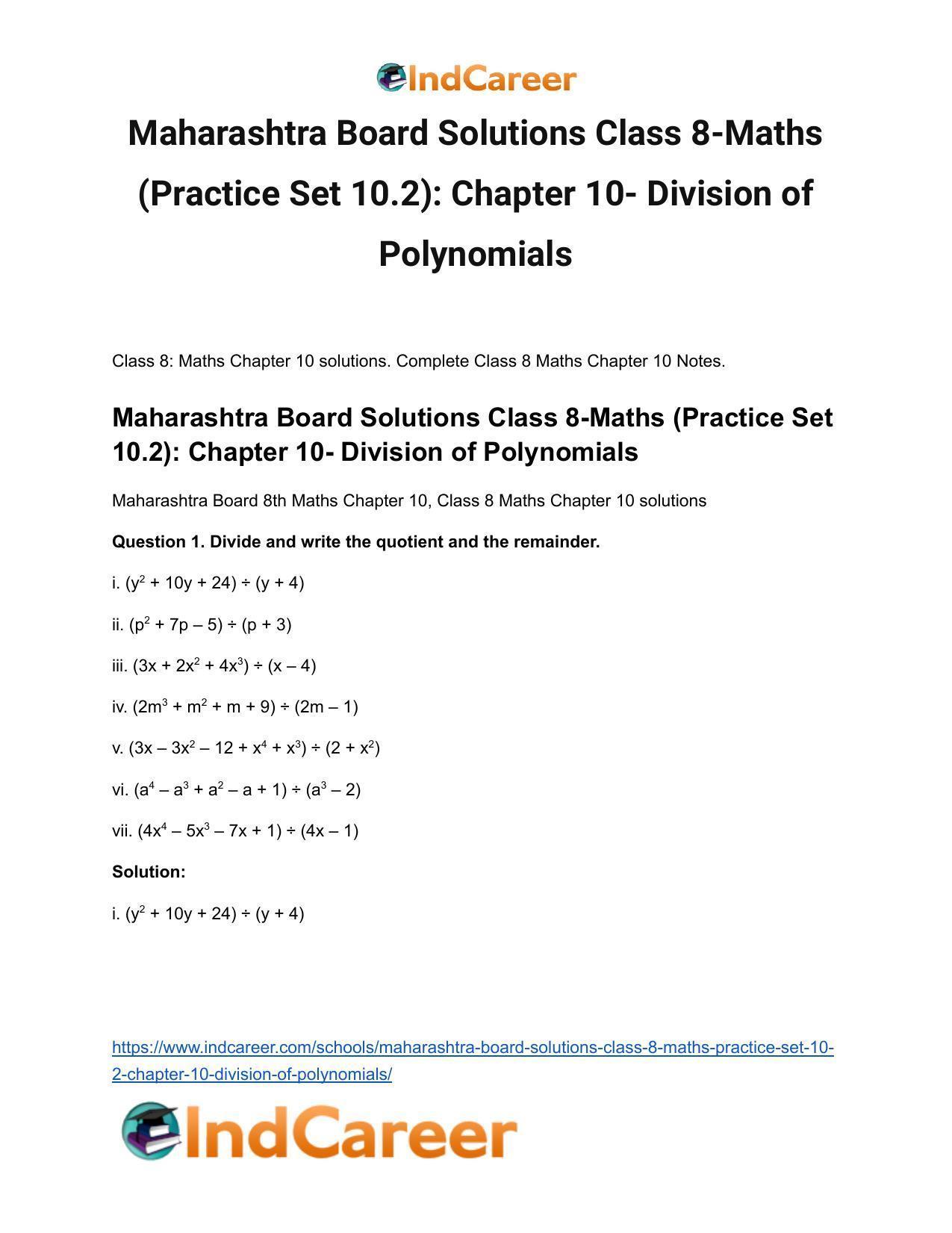 Maharashtra Board Solutions Class 8-Maths (Practice Set 10.2): Chapter 10- Division of Polynomials - Page 2