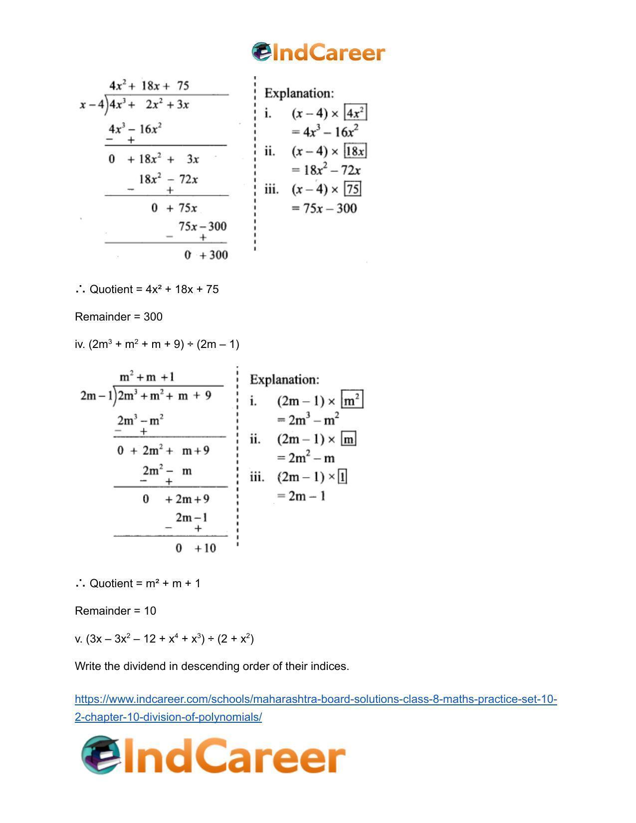 Maharashtra Board Solutions Class 8-Maths (Practice Set 10.2): Chapter 10- Division of Polynomials - Page 4