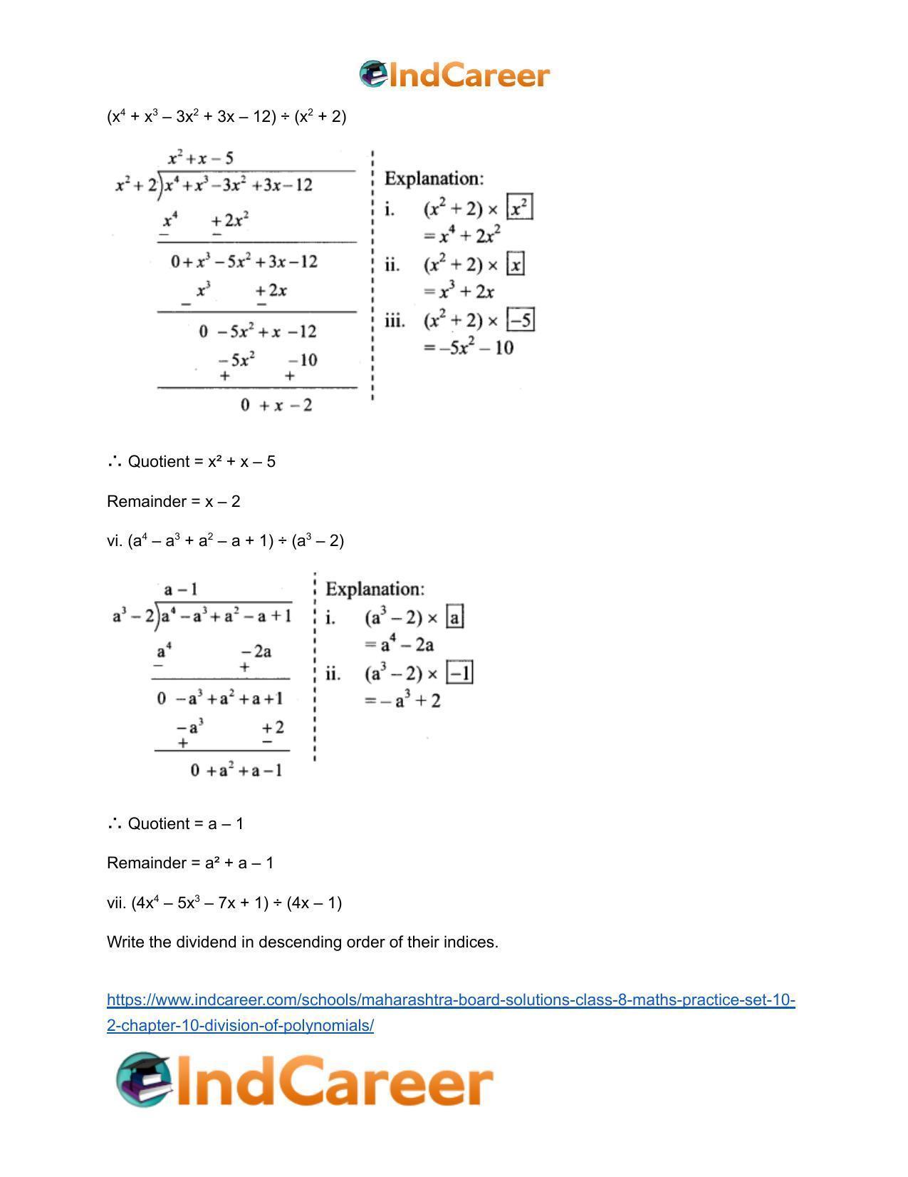Maharashtra Board Solutions Class 8-Maths (Practice Set 10.2): Chapter 10- Division of Polynomials - Page 5