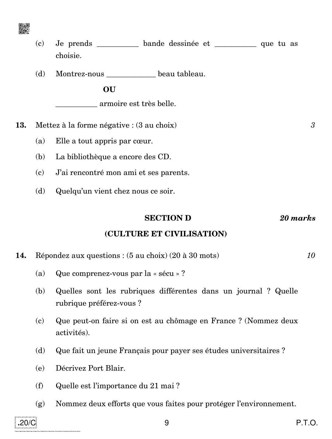 CBSE Class 10 French 2020 Compartment Question Paper - Page 9