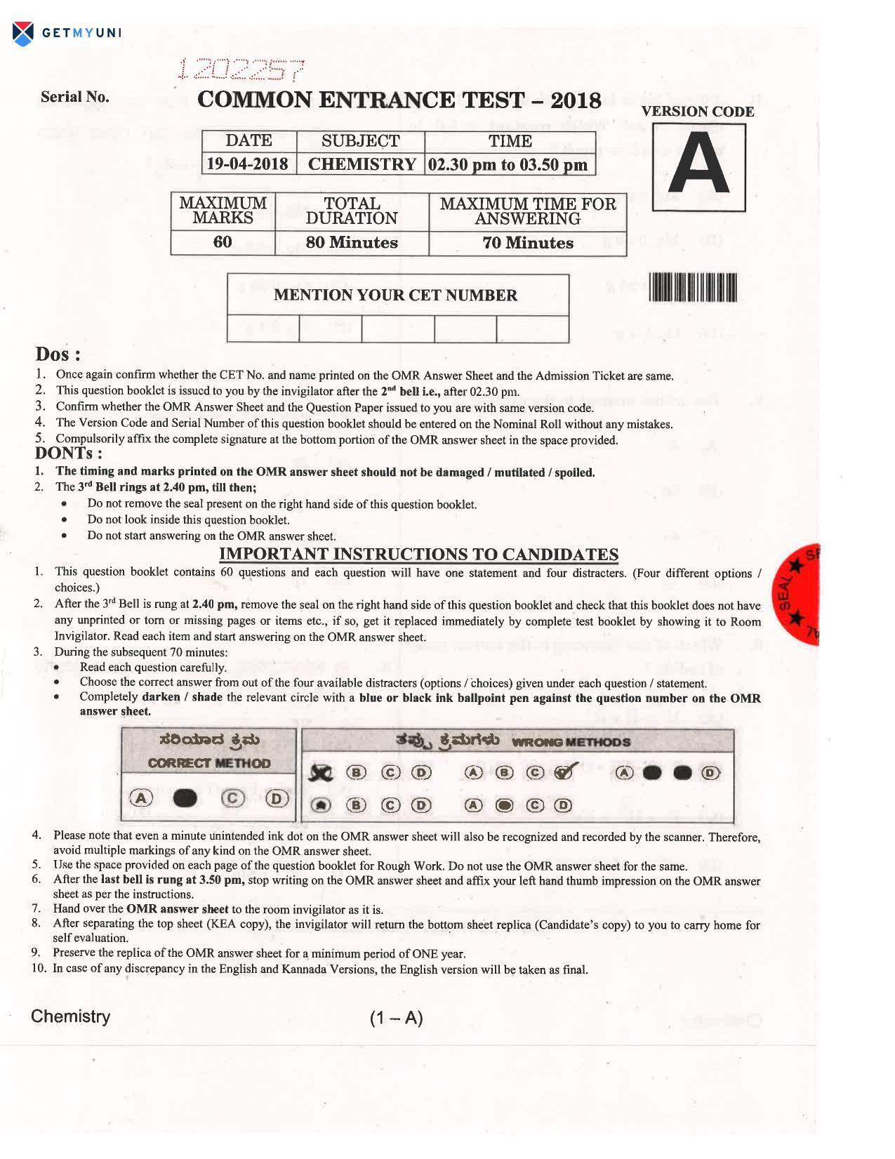 KCET Chemistry 2018 Question Papers - Page 1