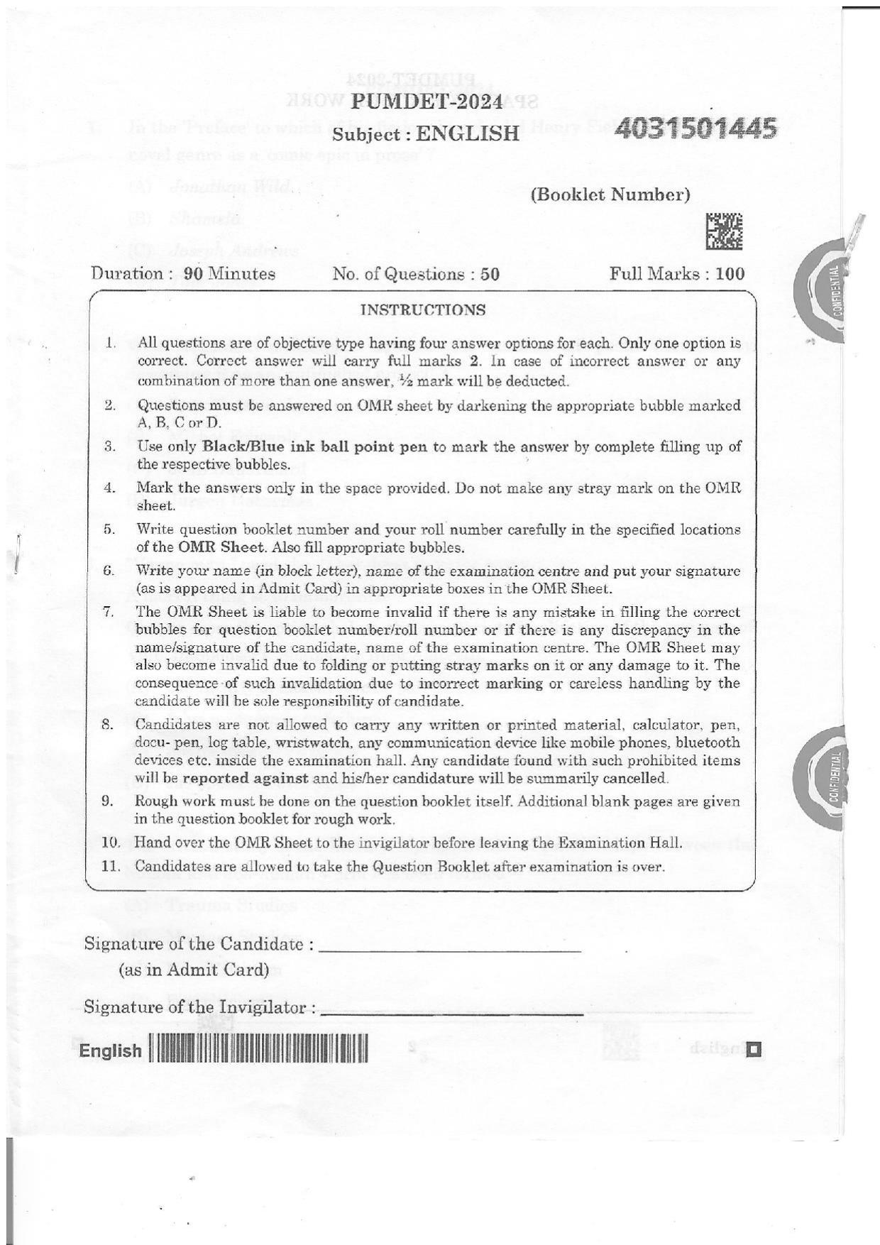 PUMDET 2024 English Question Paper - Page 1