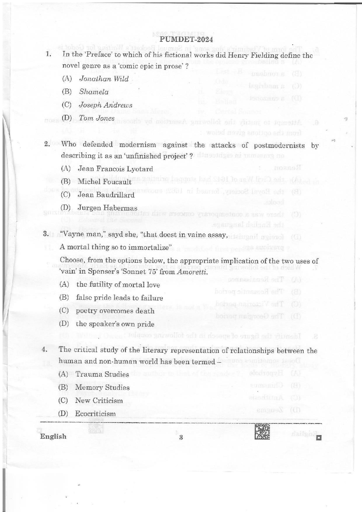 PUMDET 2024 English Question Paper - Page 3