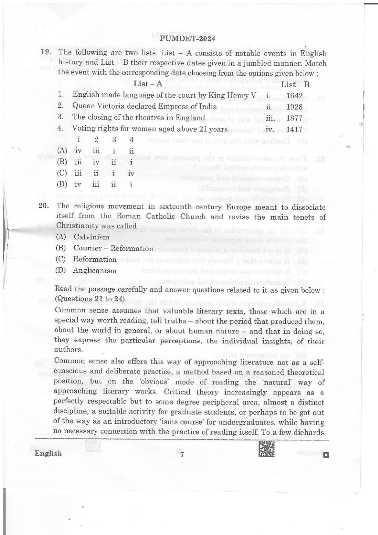 PUMDET 2024 English Question Paper - Page 7