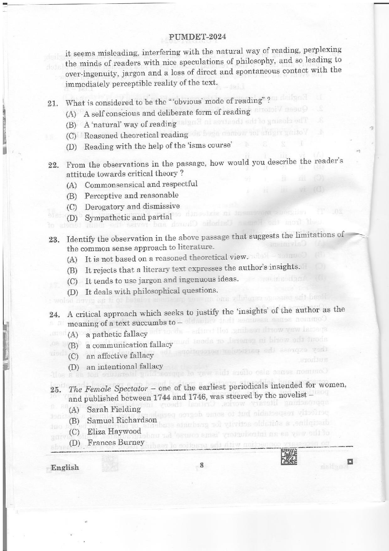 PUMDET 2024 English Question Paper - Page 8