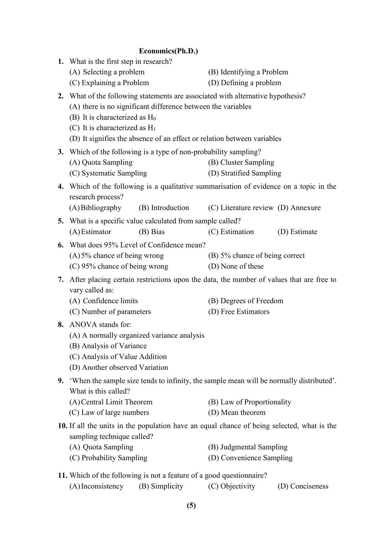 PU Ph.D Entrance Test 2024 Question Paper - Page 5