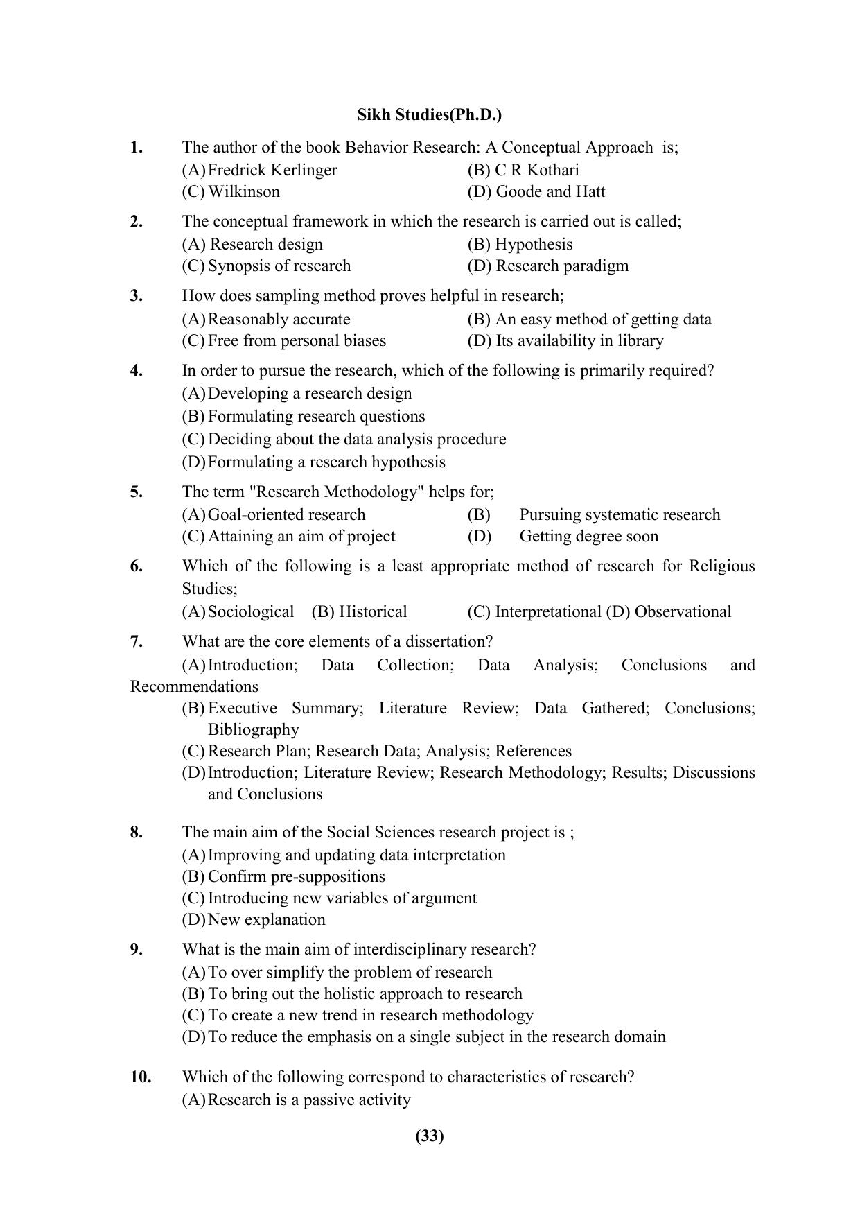 PU Ph.D Entrance Test 2024 Question Paper - Page 33