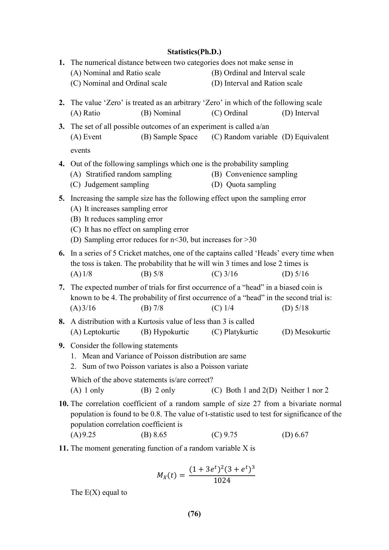 PU Ph.D Entrance Test 2024 Question Paper - Page 76