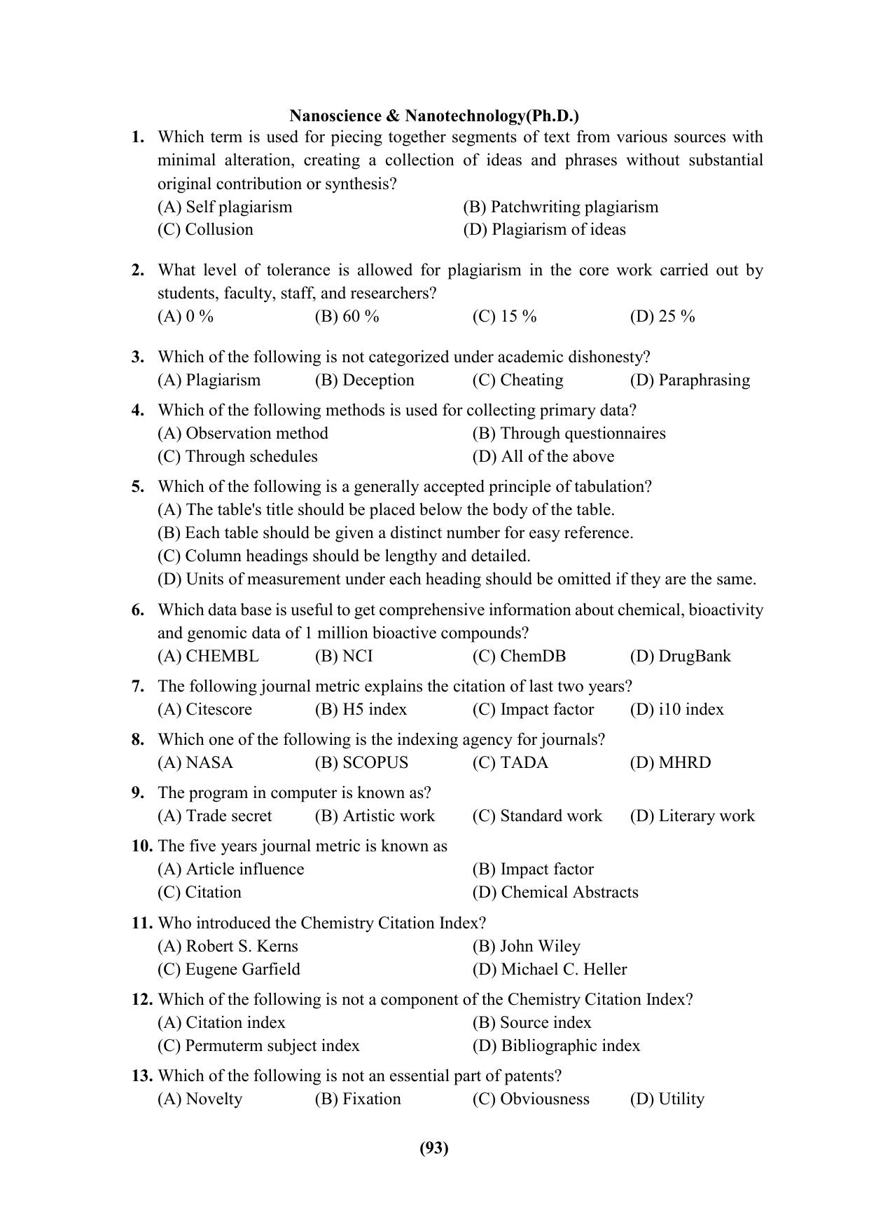 PU Ph.D Entrance Test 2024 Question Paper - Page 93