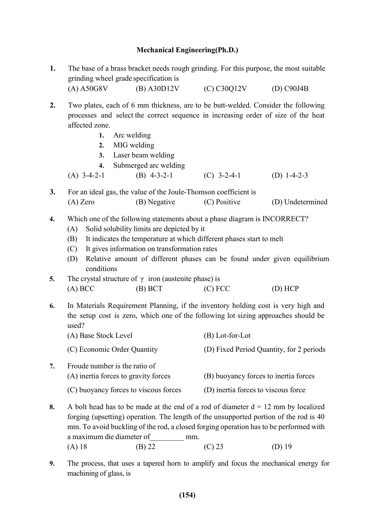 PU Ph.D Entrance Test 2024 Question Paper - Page 154