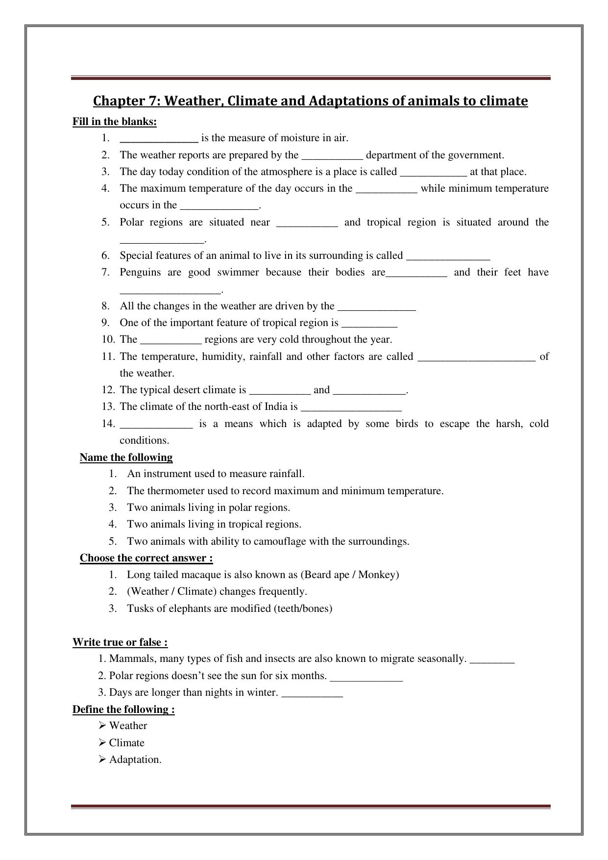 CBSE Worksheets for Class 7 Science Weather, Climate and Adaptations of animals to climate Assignment - Page 1