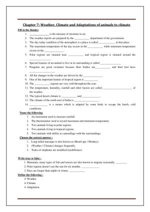 CBSE Worksheets for Class 7 Science Weather, Climate and Adaptations of animals to climate Assignment